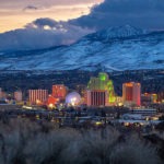 downtown Reno at sunset with Mt Rose backdrop