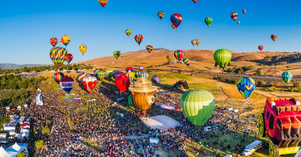 Massage and rejuvenation in Reno NV with colorful hot air balloons over the Great Reno Balloon Race