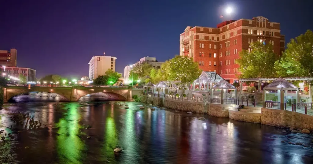 Massage and relaxation in Reno NV with lights reflecting on the Truckee River