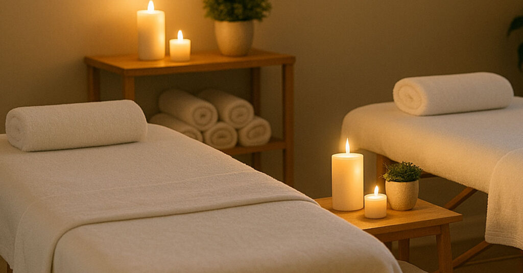 Serene couples massage setting with two massage tables and soft lighting