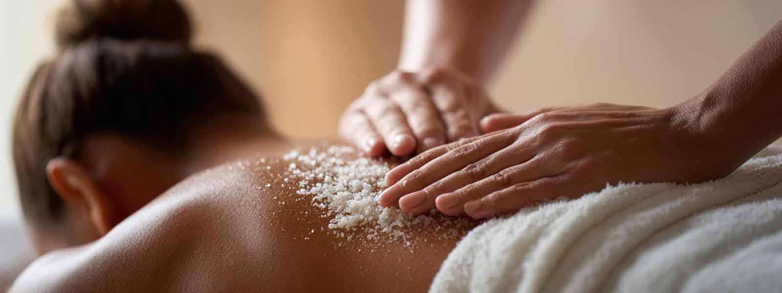 Therapist applying exfoliating body scrub treatment on a client’s back during a massage in Reno