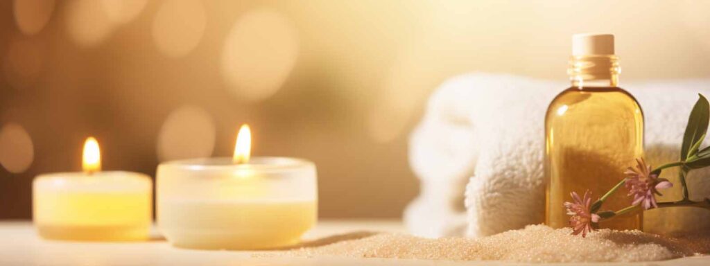 Spa candles, massage oil, and towel creating a relaxing atmosphere for booking a massage in Reno