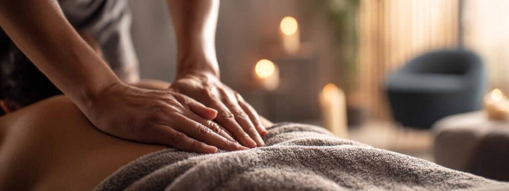 Therapist applying firm hand pressure during a deep tissue massage session in Reno