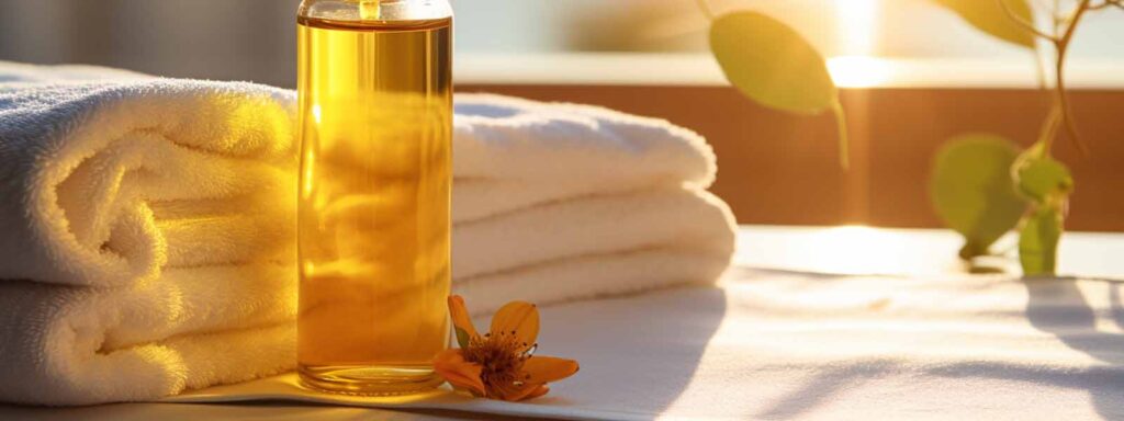 Massage oil bottle and folded towels in warm sunlight, representing Reno massage services