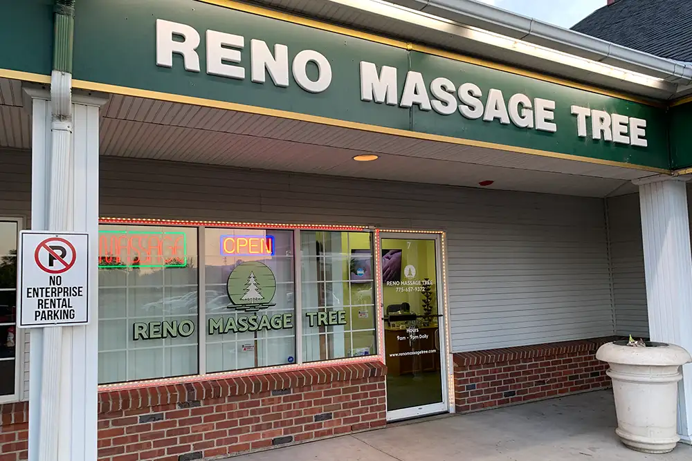 Reno Massage Tree storefront and signage in Independence Square near Atlantis Casino offering professional massage services in Reno NV
