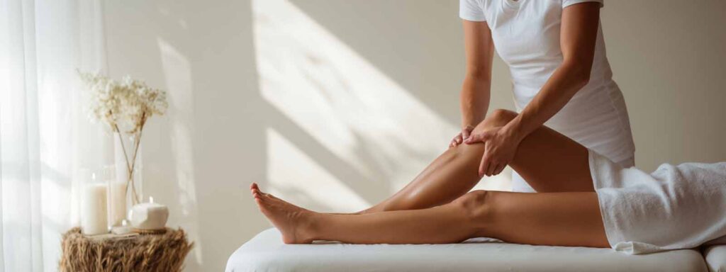 Therapist massaging client’s leg muscles during a sports recovery massage in Reno
