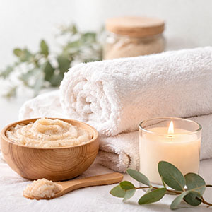 Spa setup with body scrub in a wooden bowl, rolled white towels, and a lit candle on a clean white background