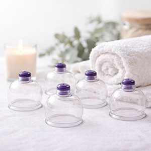 Cupping therapy cups arranged on a white spa surface with towels and a candle in a calm, minimalist setting