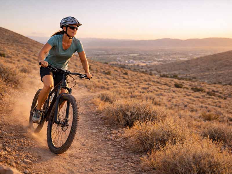 Woman mountain biking on a dusty desert trail above Reno at sunset, wearing a helmet and sunglasses.
